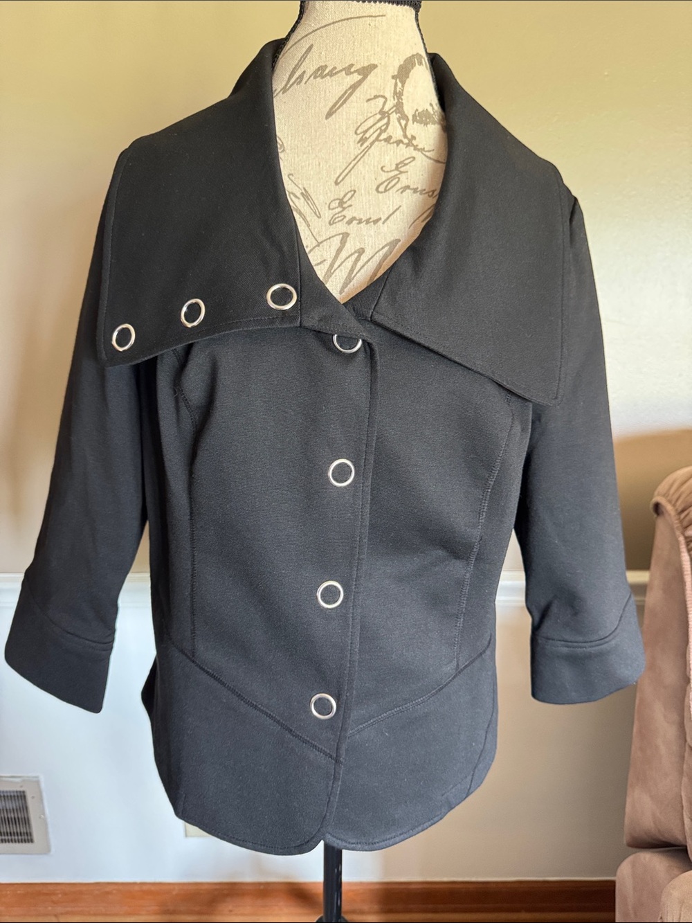 Tribal Black Short Peacoat with Silver Eyelet Trim